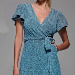 Olivia + James Green Short Sleeves Satin V-neck Wrap Mini Dress Belted